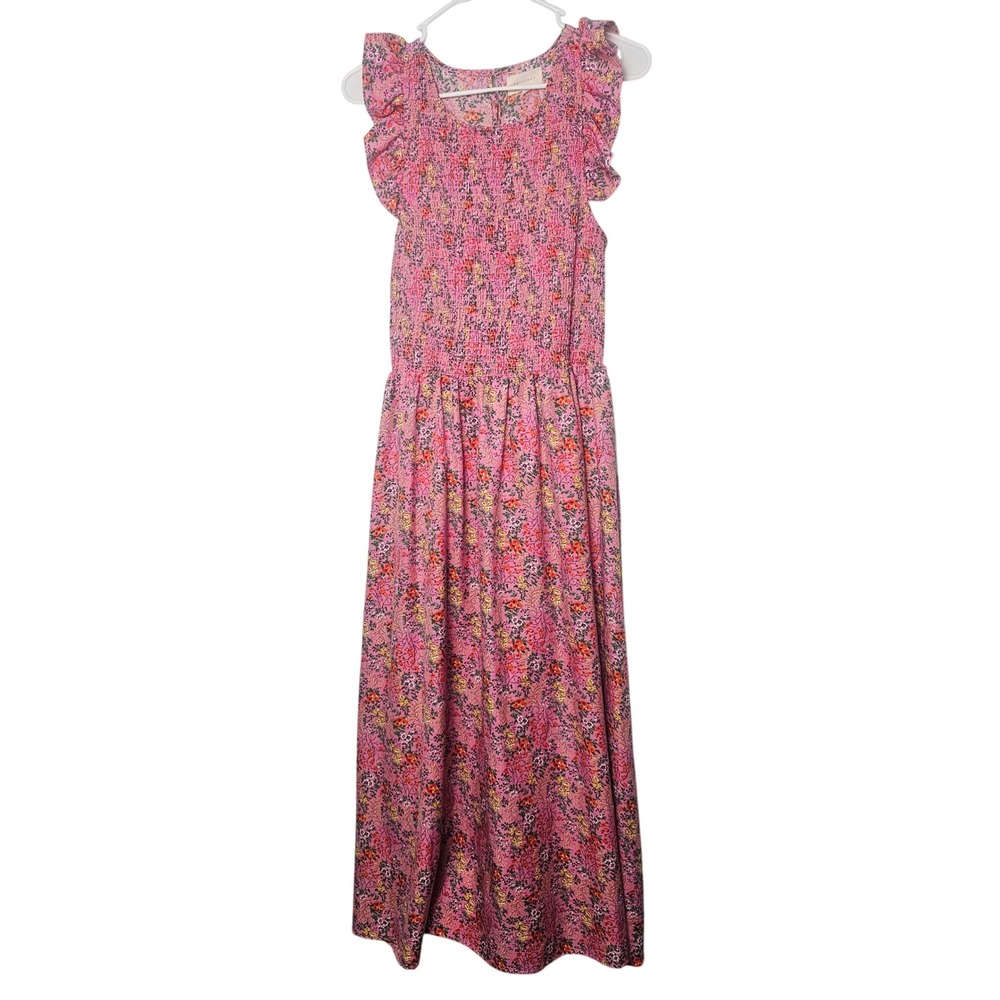 Melloday Womens Floral Smocked Maxi Dress L Pink Ruffle Sleeve Cottagecore
